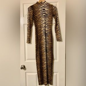 Long Sleeve, High Neck,  Fitted, Tiger Print Dress